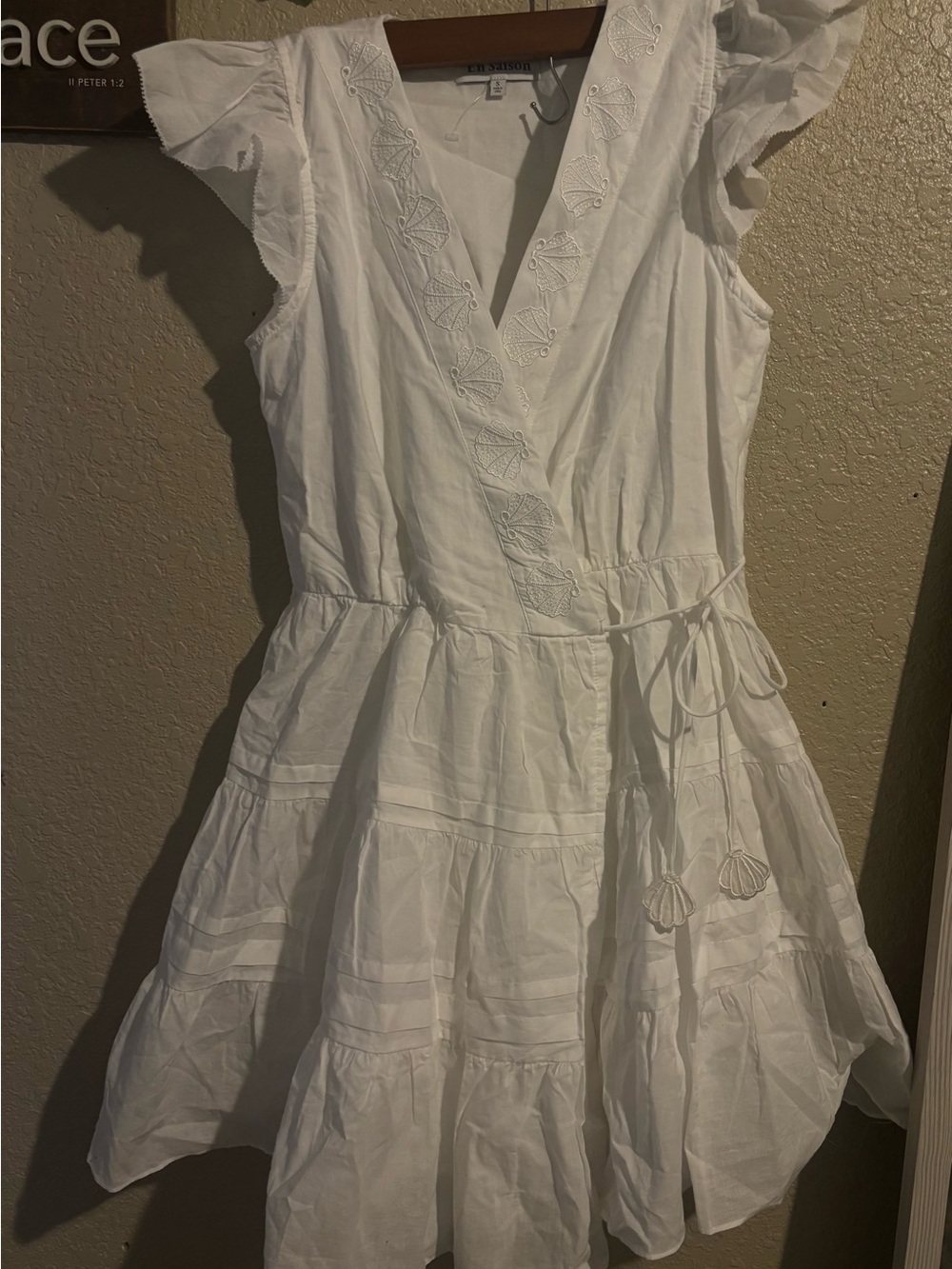 En Saison White Embroidered V-Neck Tiered Mini Dress